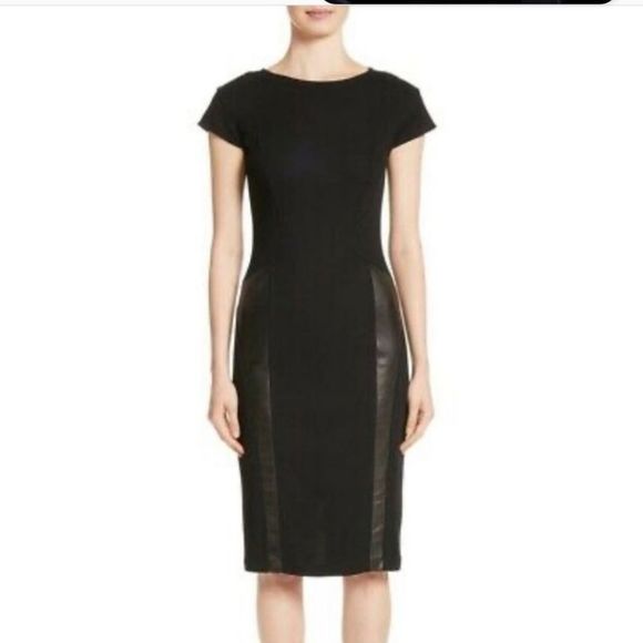 ST. JOHN COLLECTION "Milano" Black Caviar Knit Dress w/ Leather Panels - Size 4 - Picture 1 of 8
